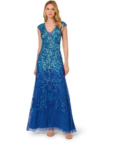 Adrianna Papell Cap Sleeve Beaded Dress - Blue