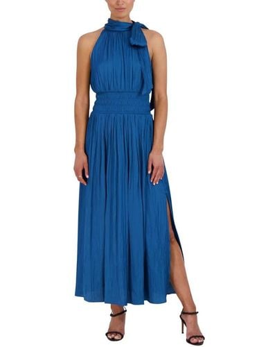 BCBGMAXAZRIA Fit And Flare Maxi Dress Sleeveless Smocked Waist Halter Neck Bow Detail - Blue