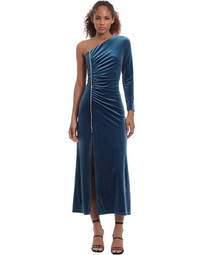 Donna Morgan One Sleeve Side Ruched Velvet Maxi Dress With Rhinestone Trim Detail - Blue