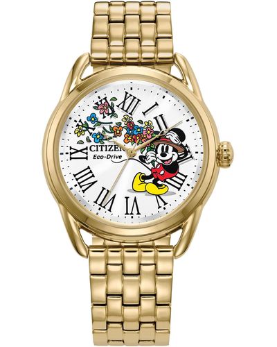 Citizen Eco-drive Ladies' Disney Mickey Mouse Flowers "thru The Mirror" Gold Stainless Steel Watch - Metallic