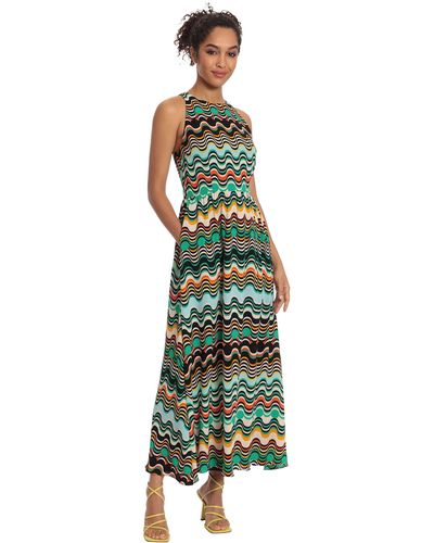 Donna Morgan Womens Wavy Stripe Printed Sleeveless Maxi With Open Tie Back Dress - Green