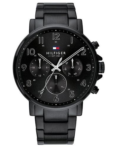 Tommy Hilfiger Stainless Steel Quartz Watch With Leather Calfskin Strap, Black, 20 (model: 1791468)