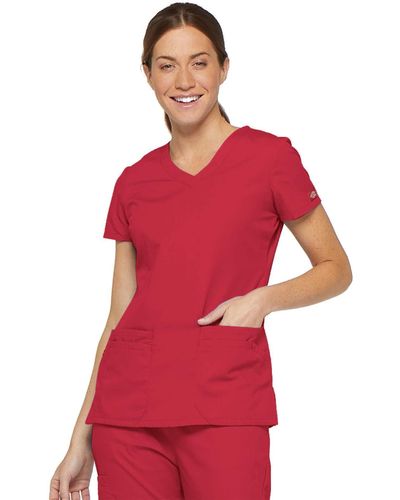 Dickies Womens Signature V-neck Top With Multiple Patch Pockets Medical Scrubs Shirts - Red