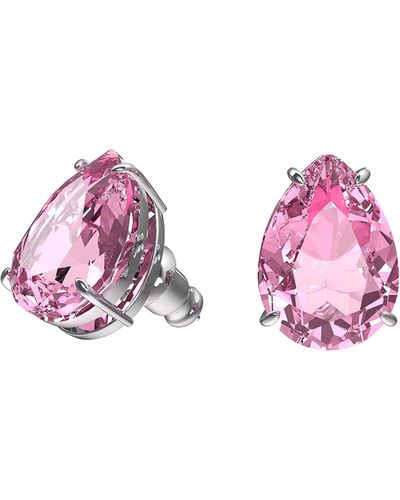 Swarovski Pink Teardrop Crystal Stud Earrings In Rhodium Plated Brass