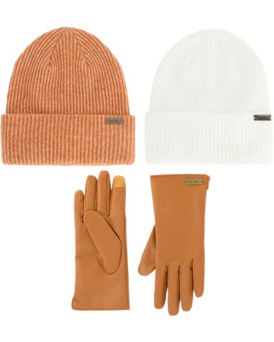 Nicole Miller Set For Pack Of 2 Winter Beanie Hats Soft & Faux Leather Gloves - Brown
