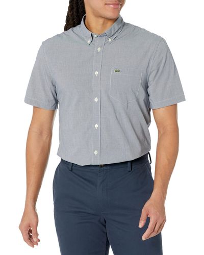 Lacoste Short Sleeve Regular Fit Gingham Button Down Shirt - Blue
