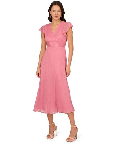 Adrianna Papell Crinkle Mesh Midi Dress - Pink