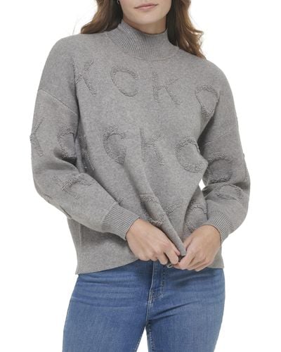 Calvin Klein Heavy Turtleneck Jacquard Long Sleeve Ck Logo Sweater - Gray