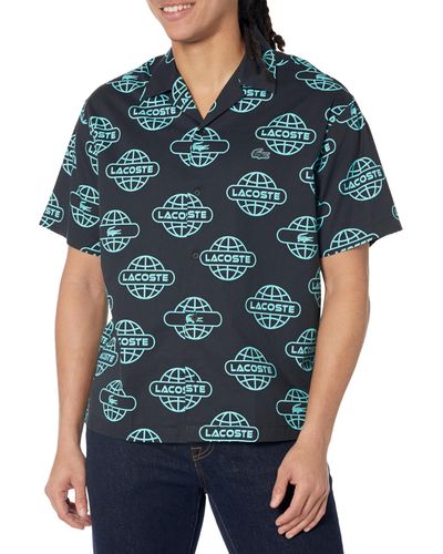 Lacoste Short Sleeve Printed Globe Button Down Shirt - Blue