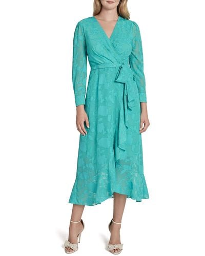 Tahari Asl Long Sleeve Surplus Tie Waist Ruffle Skirt Dress - Green