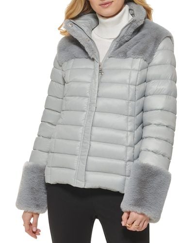 DKNY Faux Fur Cuffed Sleeve Puffer Jacket - Gray