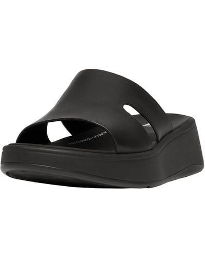 Fitflop F-mode Raw-edge Leather Flatform H-bar Slides Wedge Sandal - Black