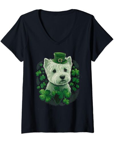 Lucky Brand S Irish Shamrock St Patricks Westie Dog V-neck T-shirt - Black