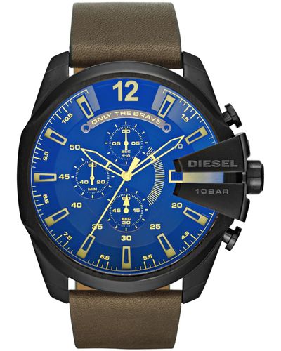 DIESEL Mega Chief Stainless Steel And Leather Chronograph Watch - Blue