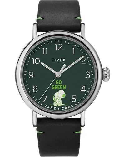 Timex Standard 40mm Peanuts Stainless Steel Quartz Leather Strap - Green
