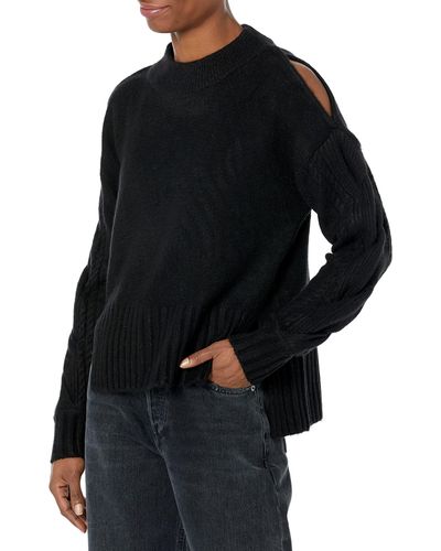 DKNY Mock Neck Split Shoulder Cozy Sweater - Black