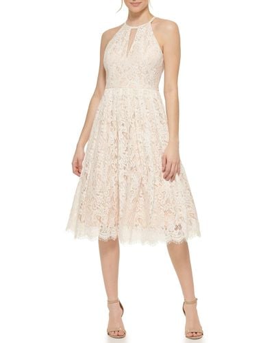 Eliza J Midi Style Fit And Flare Sleeveless Halter Neck Lace Dress - Natural