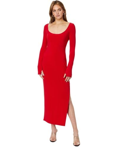 Norma Kamali Long Sleeve Deep Scoop Neck Side Slit Gown - Red