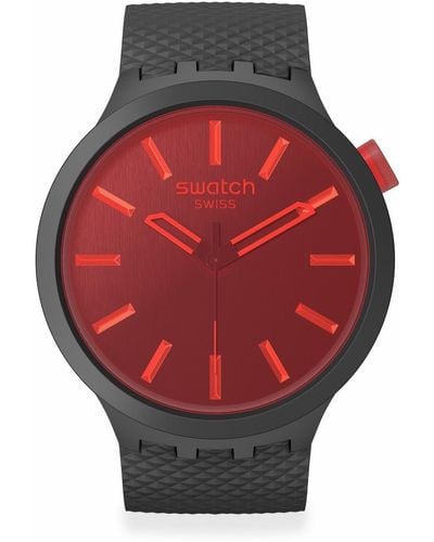 Swatch Casual Black Watch Bio-sourced Material Quartz Midnight Mode - Red