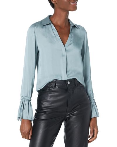 PAIGE Womens Abriana Shirt Button Down Pleated Sleeve Luxe Matte Satin In Slate Blouse - Blue