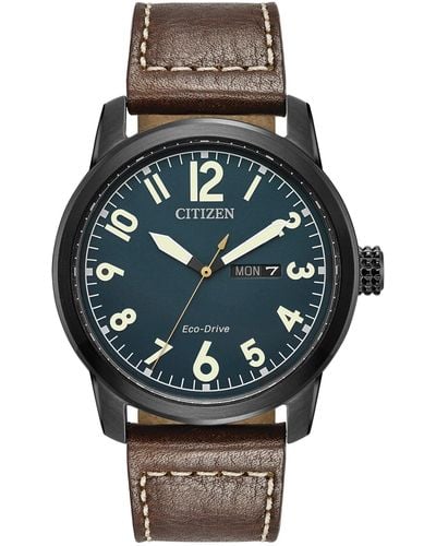 Citizen Eco-drive Weekender Garrison Field Watch In Black Ip Stainless Steel With Brown Leather Strap