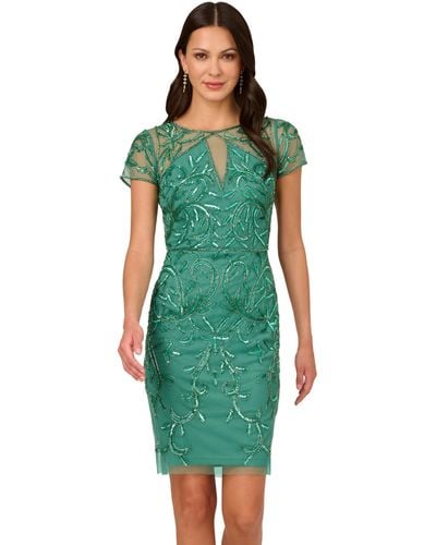 Adrianna Papell Short Cut Out Beaded Sheath - Green