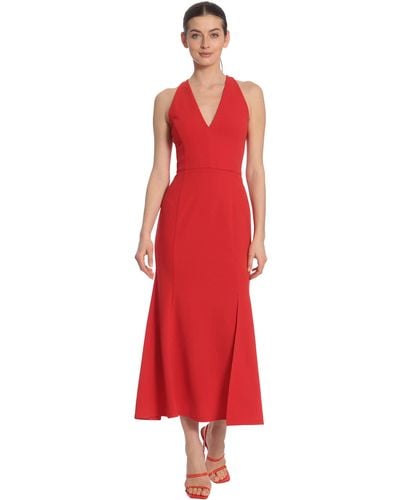 Maggy London Halter V-neck Mermaid Maxi With Slit Detail Occasion Event Guest Of - Red