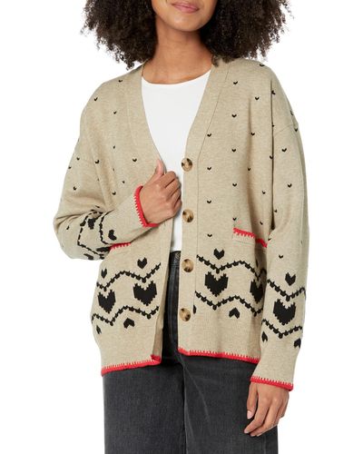 Monrow Hj0240-4-supersoft Sweater Knit Heart Fair Isle Cardigan - Natural