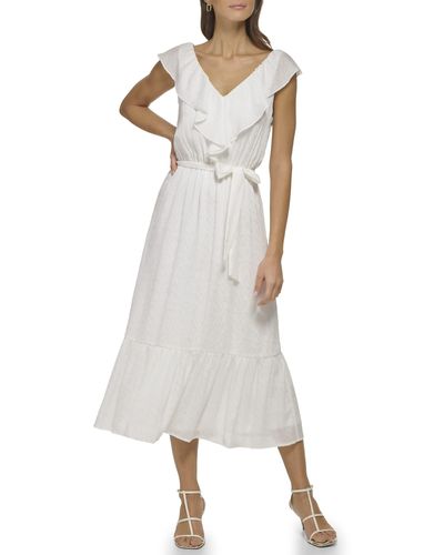 DKNY With Ruffle V-neck Wear To Work Dress - Natural
