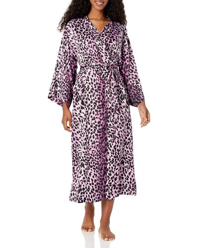 N Natori Cheetah-printed Matte Satin Robe Length 49" - Purple