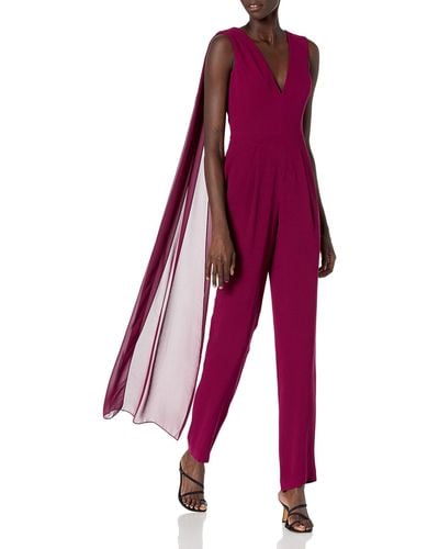 Dress the Population Robbie Crepe Sleeveless Plunging Jumpsuit With Shawl Pants - Red