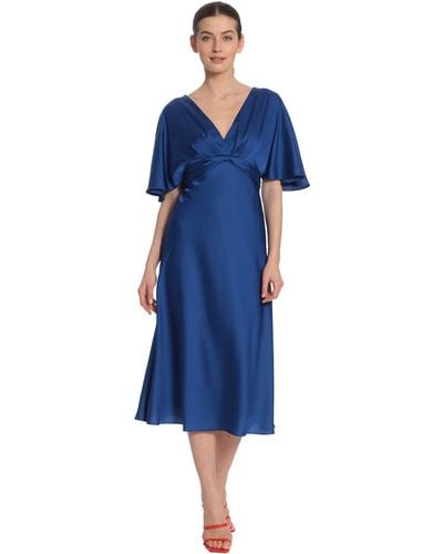 Maggy London V-neck Flutter Cape Look Sleeve Midi Dress With Twist Detail At Front Waist And Tie Back - Blue
