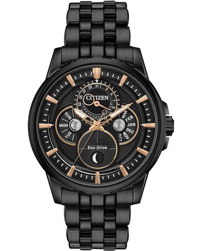 Citizen Calendrier Black Ip Eco-drive Watch With Stainless Steel Strap