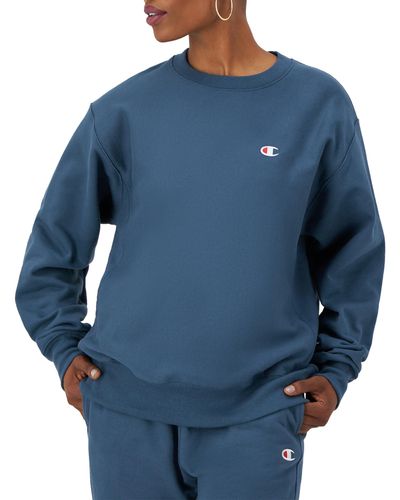 Champion , Reverse Weave, Oversized Fleece Crewneck Sweatshirt For , Metallic Teal Left Chest C, Small - Blue