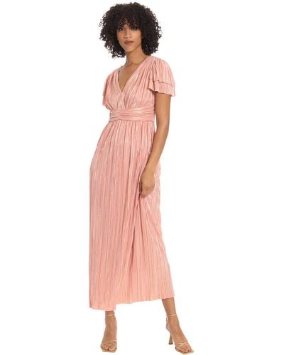 Maggy London V-neck Pleated Midi With Shirred Waistband And Ruffle Short Sleeves - Pink