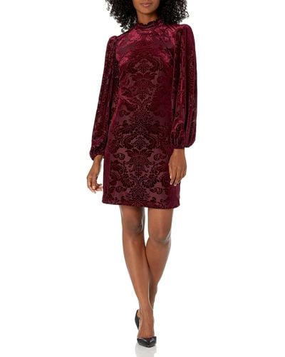 Vince Camuto Velvet Burnout High Neck Ruffle T-body Shift With Voluminous Long Sleeve - Red