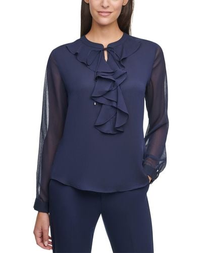 Tommy Hilfiger Classic Long Sleeve Ruffle Front Blouse - Blue