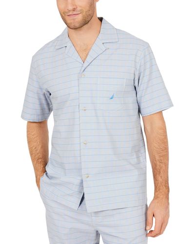 Nautica Mens Short Sleeve 100% Cotton Soft Woven Button Down Pajama Top - Blue