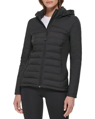 Calvin Klein Lightweight Scuba Side Panels Adjustable Hood Zip Pockets Puffer - Black