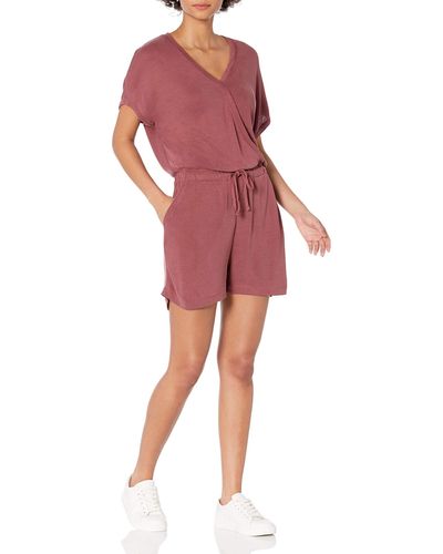 Daily Ritual Sandwashed Modal Blend Short-sleeve Overlap Romper - Red