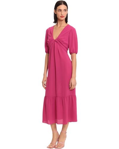Donna Morgan V-neck Midi With Twist Empire Detail And Short Sleeves - Pink