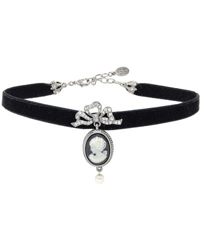 Ben-Amun Ben-amun Aluminum Jewelry Mod Victorian Velvet And Swarovski Crystal Cameo Choker Designer Necklace - Black