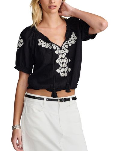 Lucky Brand Short Sleeve Geo Embroidered Peasant Top - Black