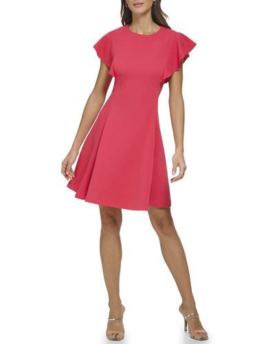 DKNY Ruffle Sleeve Fit An Flare - Red