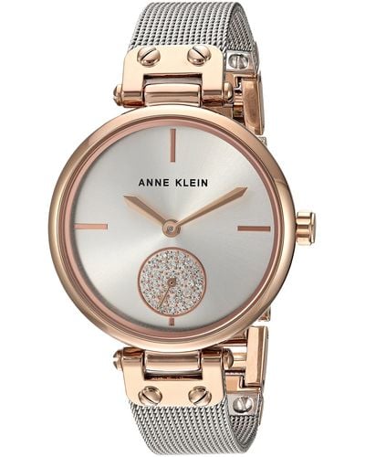 Anne Klein Premium Crystal Accented Rose Gold-tone And Silver-tone Mesh Bracelet Watch - Gray