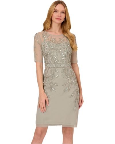 Adrianna Papell Beaded Short Dress With Sleeve - Multicolor