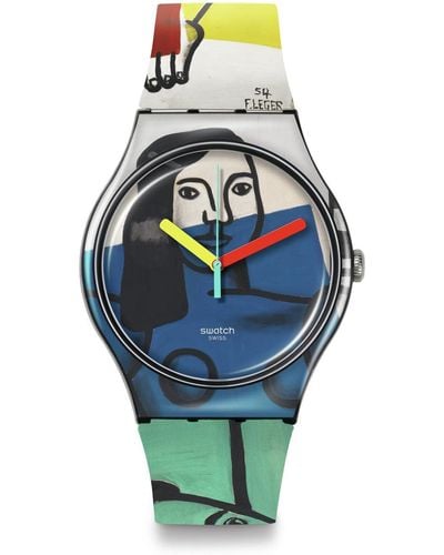 Swatch Casual Bioceramic Watch Black Art Journey Leger's Two Holding Flowers - Blue
