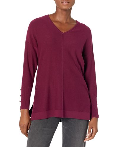 Anne Klein V Neck Long Sleeve Sweater With Buttons - Purple