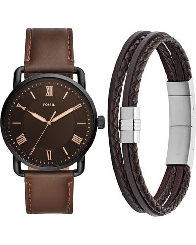 Fossil Copeland Stainless Steel Quartz Watch With Leather Strap With Brown Multi-strand Braided Leather Bracelet - Black