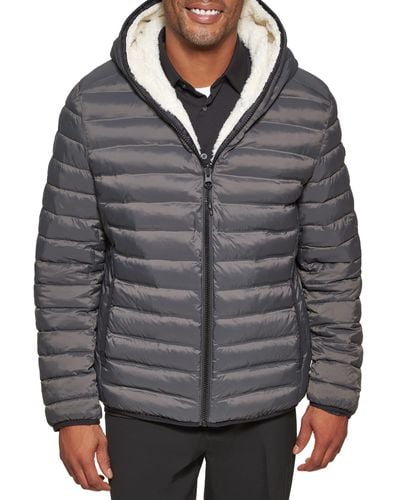 DKNY Quilted Hooded Reversible Puffer Jacket With Sherpa - Gray